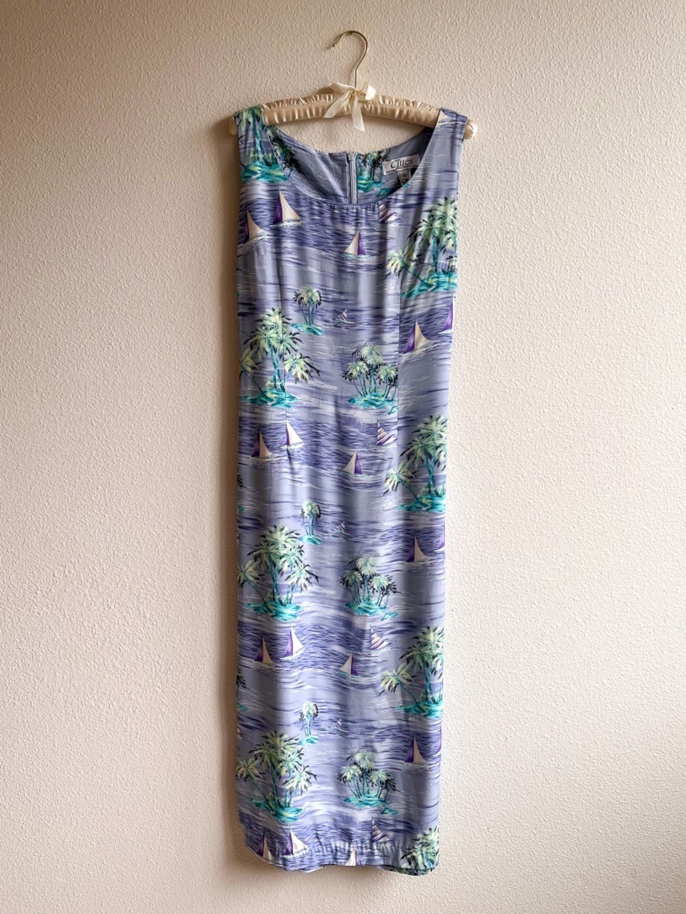 Vintage 1990s Tropical Sailboat Print Midi Dress (M/L) - Picture 5 of 13